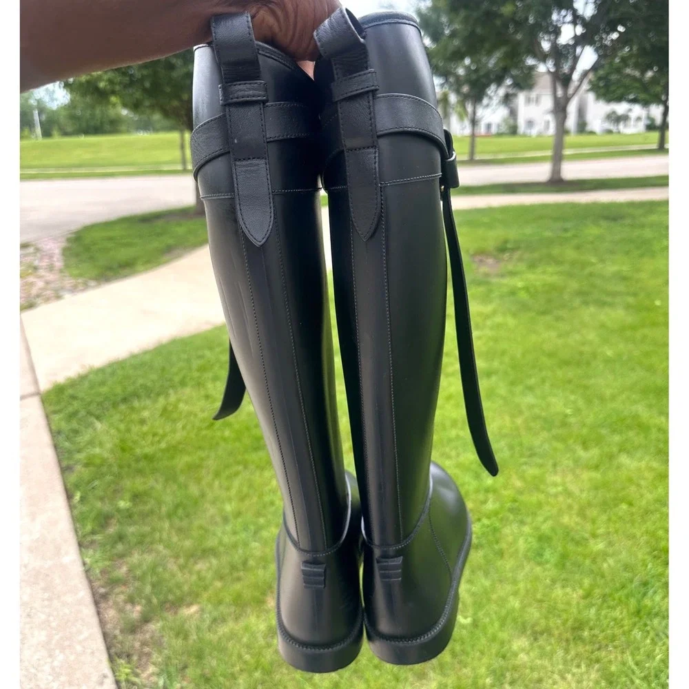 Burberry Black Rubber Rain‎ Boots Check Lined Buckle Strap Riding Boots Size 40